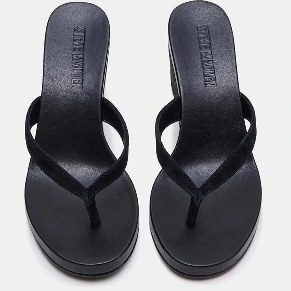 NWT Steve Madden Suede Playing Black Wedge Sandals Heels 8 - Picture 3 of 6